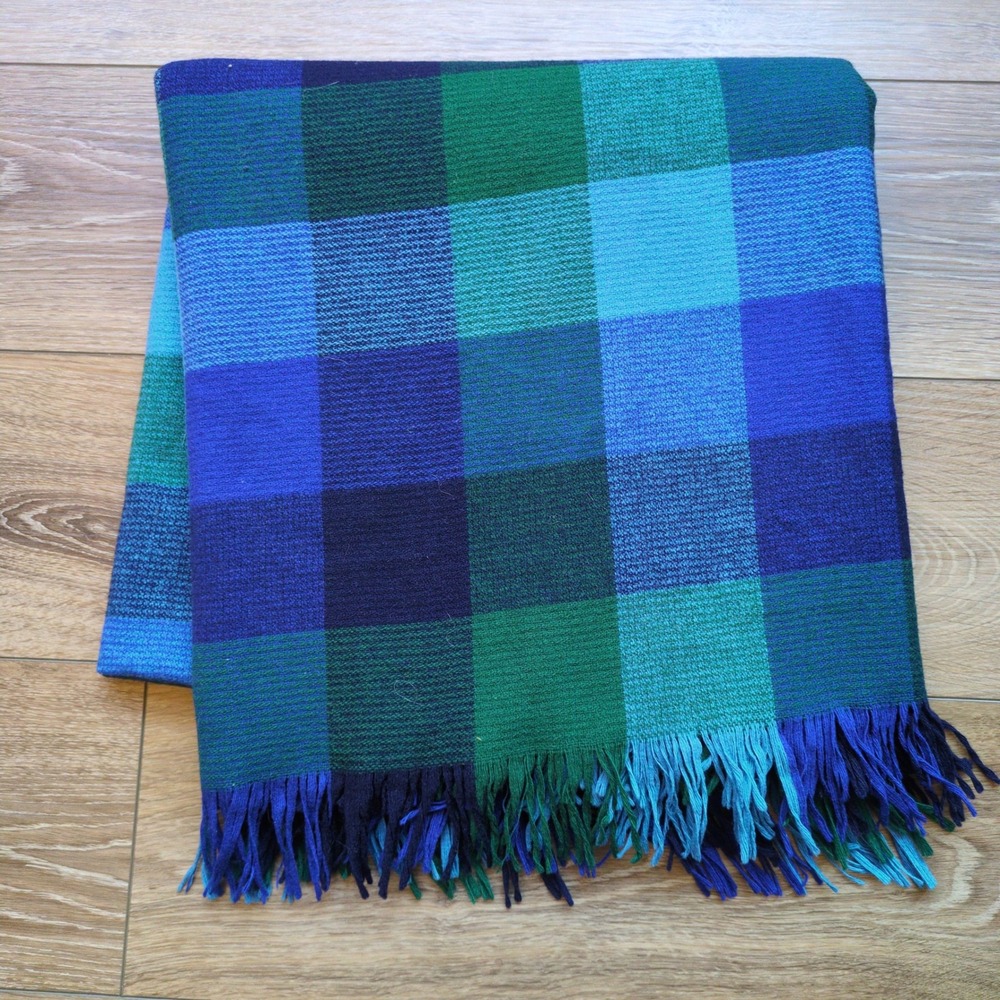 RARE Color Vtg Faribo Wool Blanket Blue Green Plaid Fringed Picnic Stadium 64x50